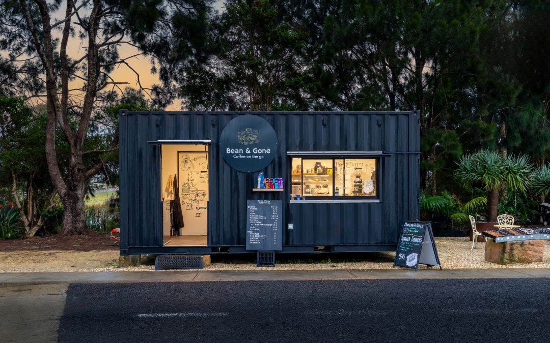 Exterior of Bean & Gone Port Macquarie drive-through container cafe by Container Build Group