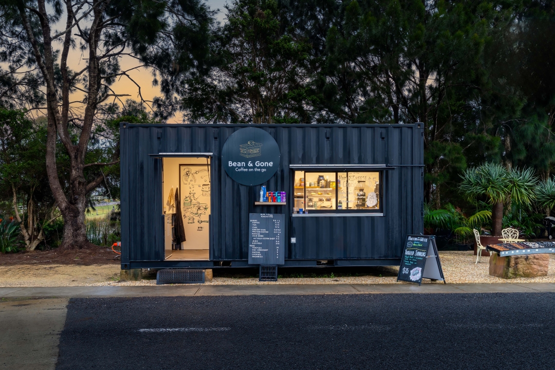Bean & Gone Port Macquarie drive-through container cafe exterior at dusk