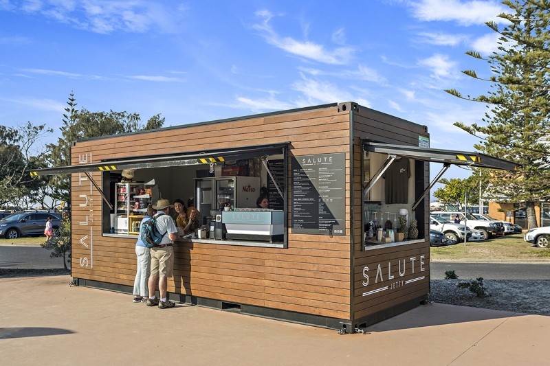 Coffs Jetty cafe exterior with tilt-up awnings