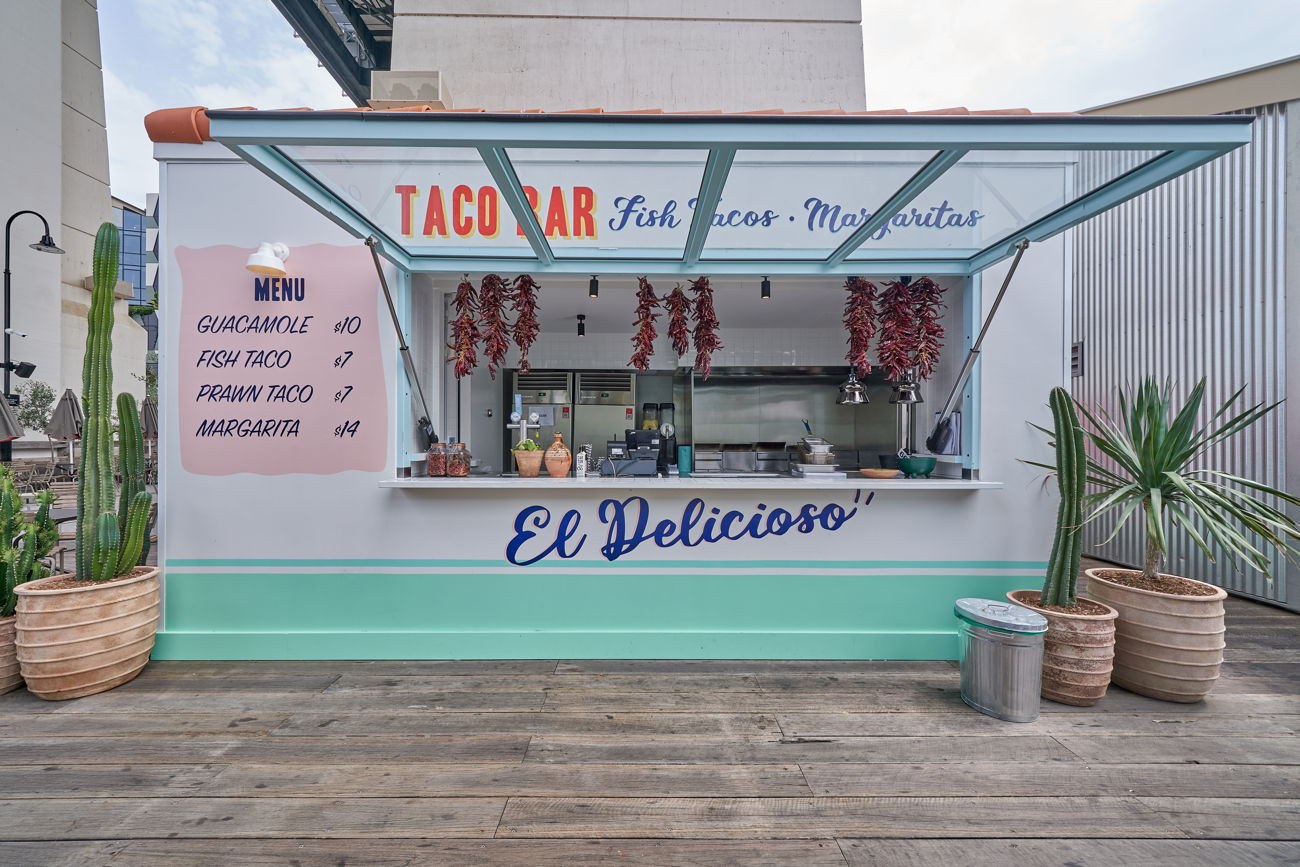 El Delicioso taco bar shipping container exterior at Howard Smith Wharves Brisbane — Container Build Group