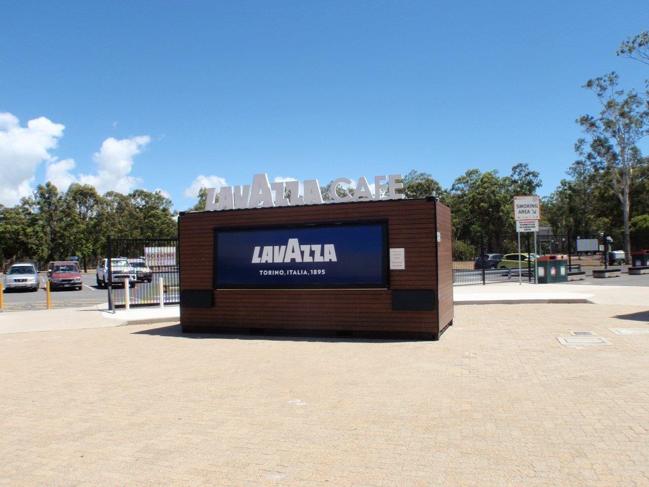 Wood-clad Lavazza cafe shipping container at Brisbane Entertainment Centre by Container Build Group