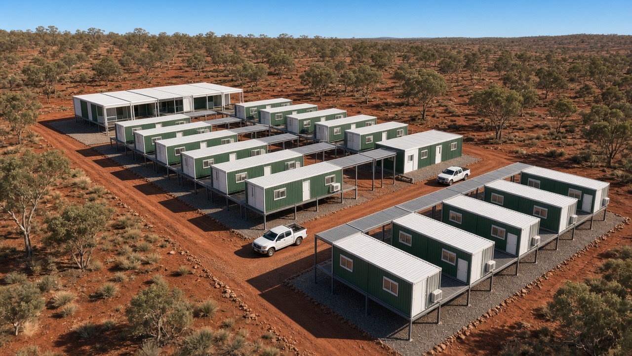 Concept render of a shipping container mining camp with accommodation cabins, walkways and mess hall