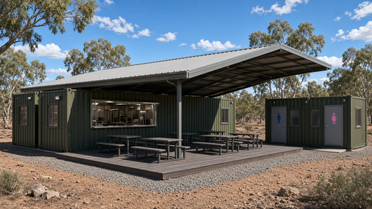 Concept render of a container camp mess hall with shaded dining deck beside an ablution block