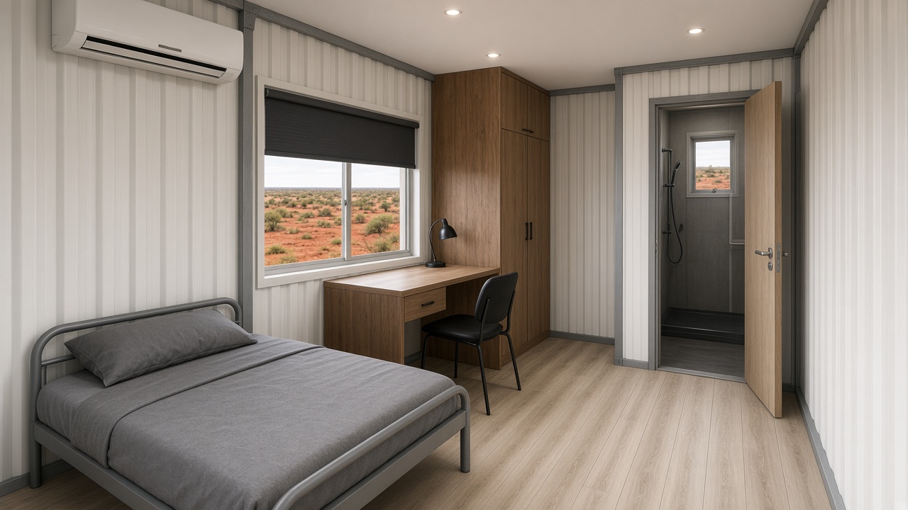 Concept render of a single mining camp room with desk, wardrobe, air conditioning and ensuite