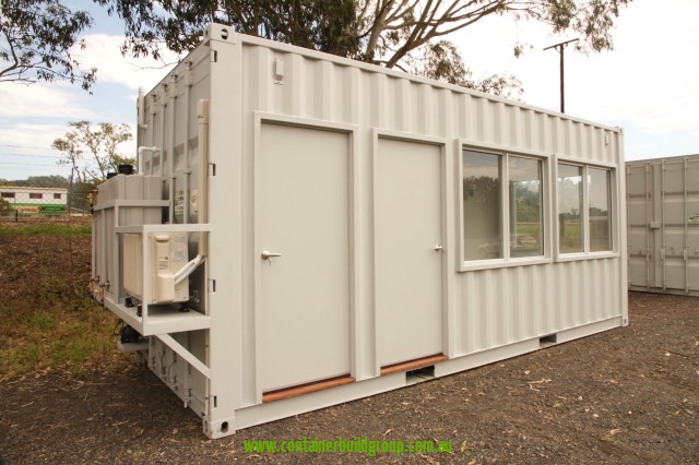 CBG 20 ft Off Grid Office container with two doors, sliding windows, split-system air conditioner and end-mounted tanks