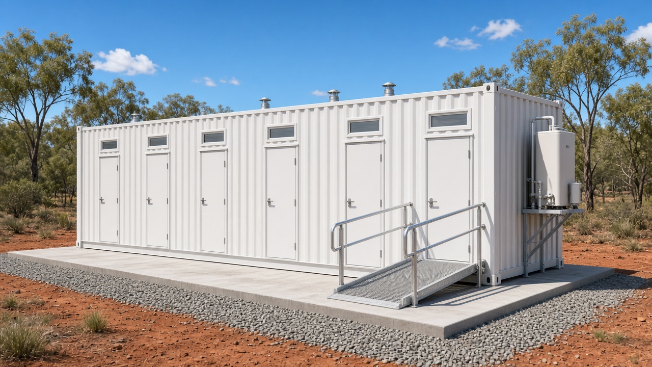 Concept render of a white container ablution block with an access ramp on a concrete pad in the bush