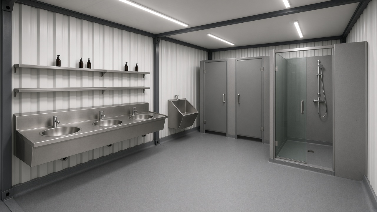 Concept render of a container ablution block interior with stainless basins, toilet cubicles, urinal and shower