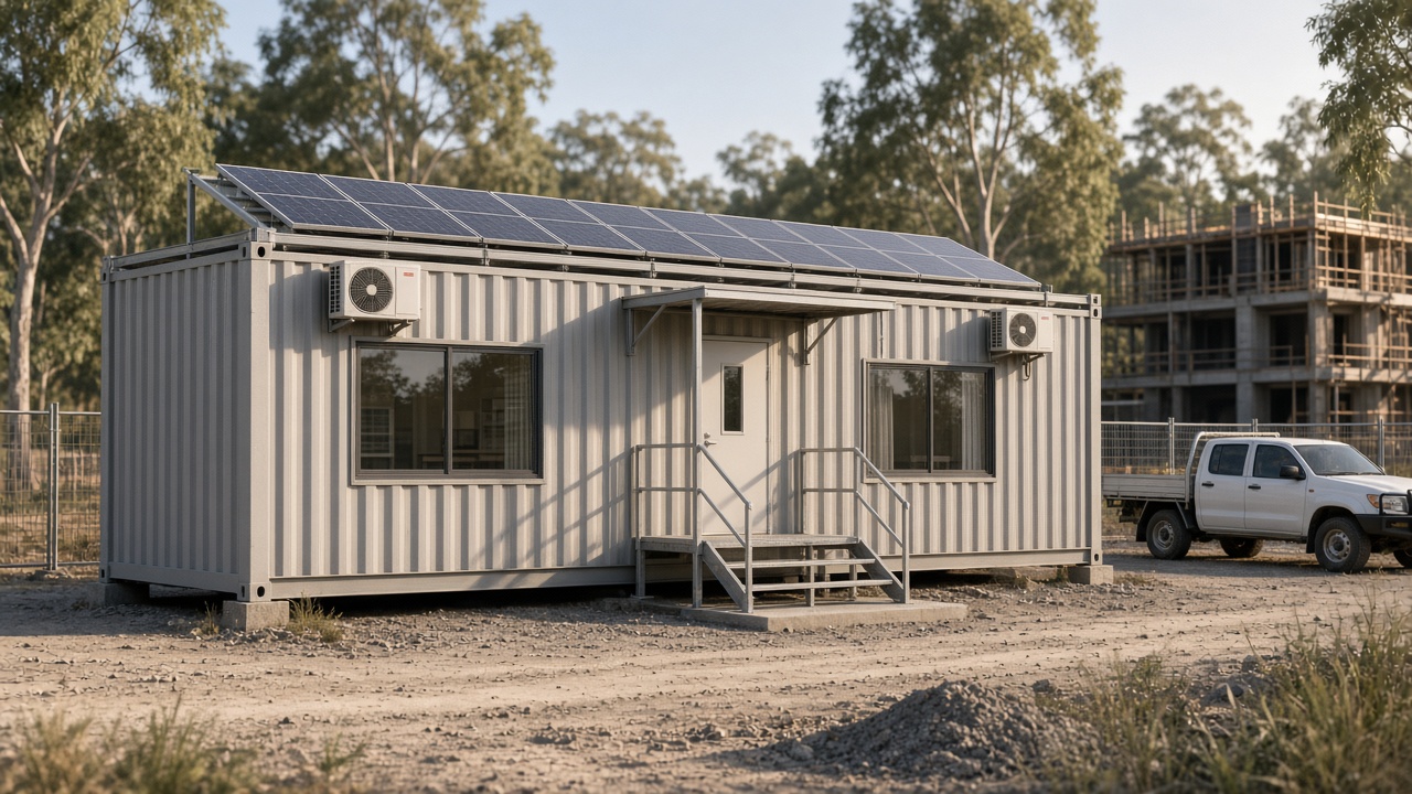 Concept render of a container site office with rooftop solar panels, steps and air conditioning on a building site