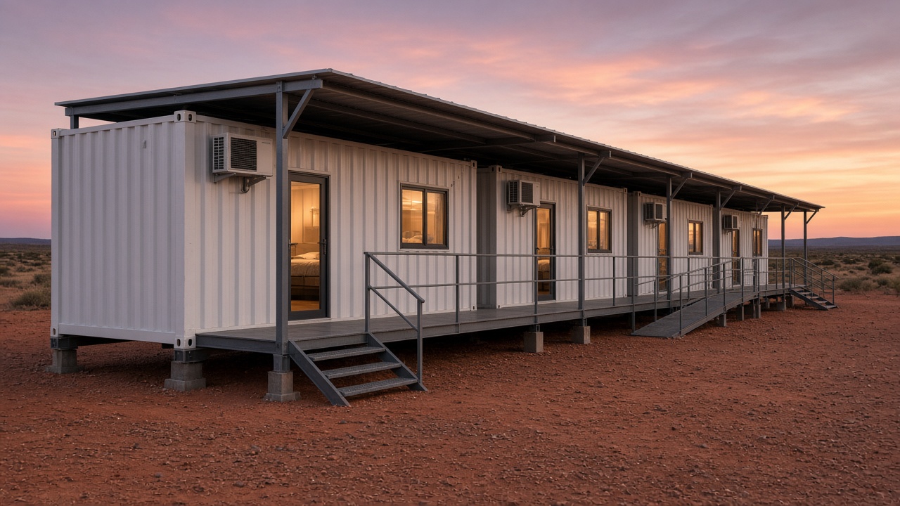 Concept render of container accommodation cabins with a covered walkway at dusk