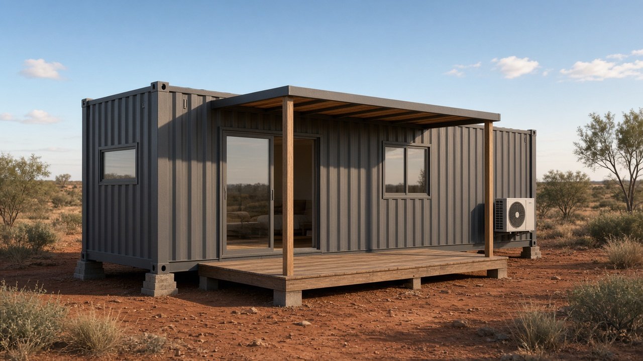 Concept render of a CBG 20ft shipping container cabin with sliding door and covered deck on a remote site