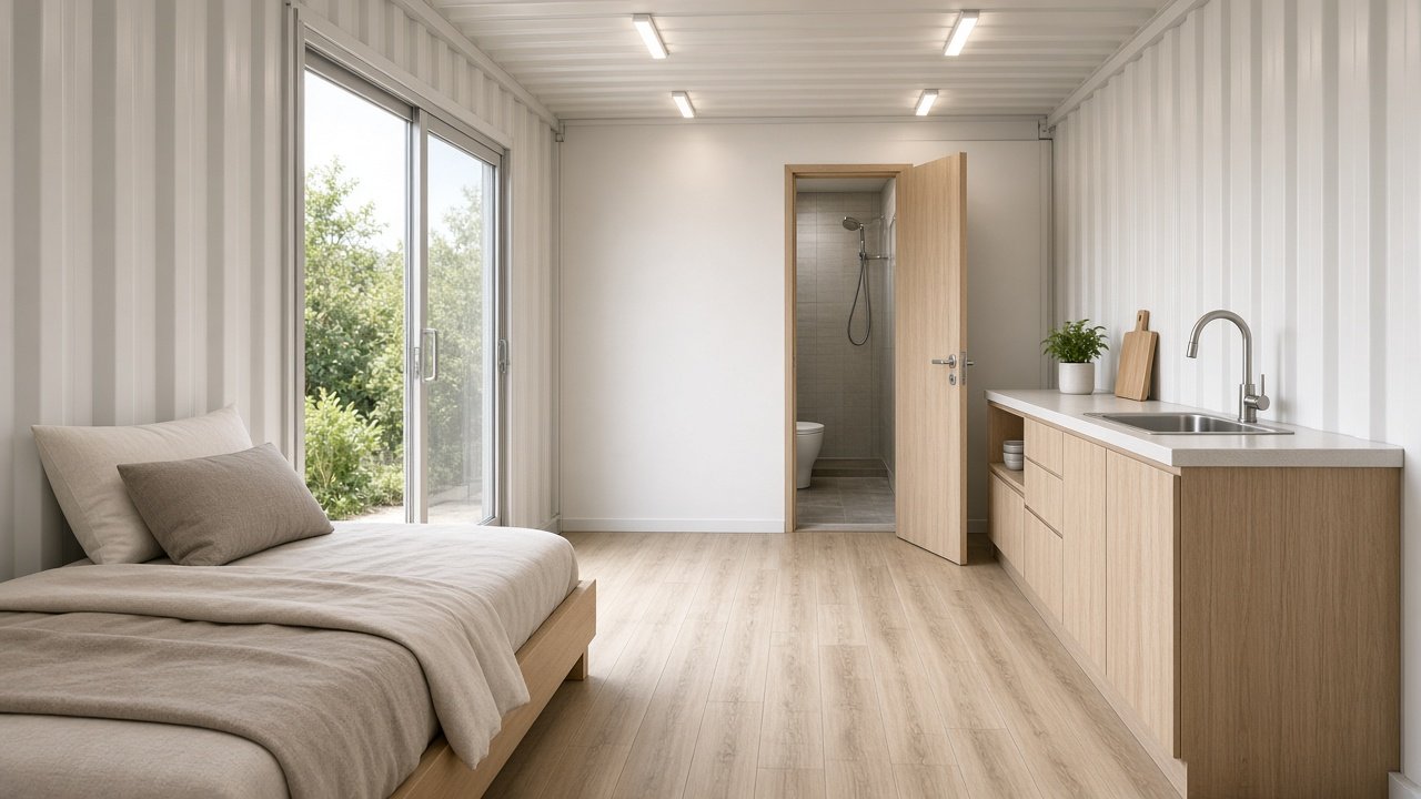 Concept render inside a 20ft shipping container cabin with kitchenette and bathroom door