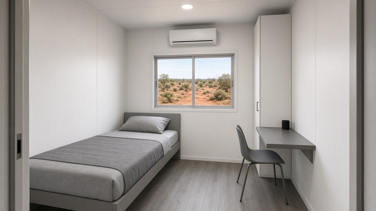 Concept render of a mining camp container bedroom with single bed, desk, wardrobe and sliding window