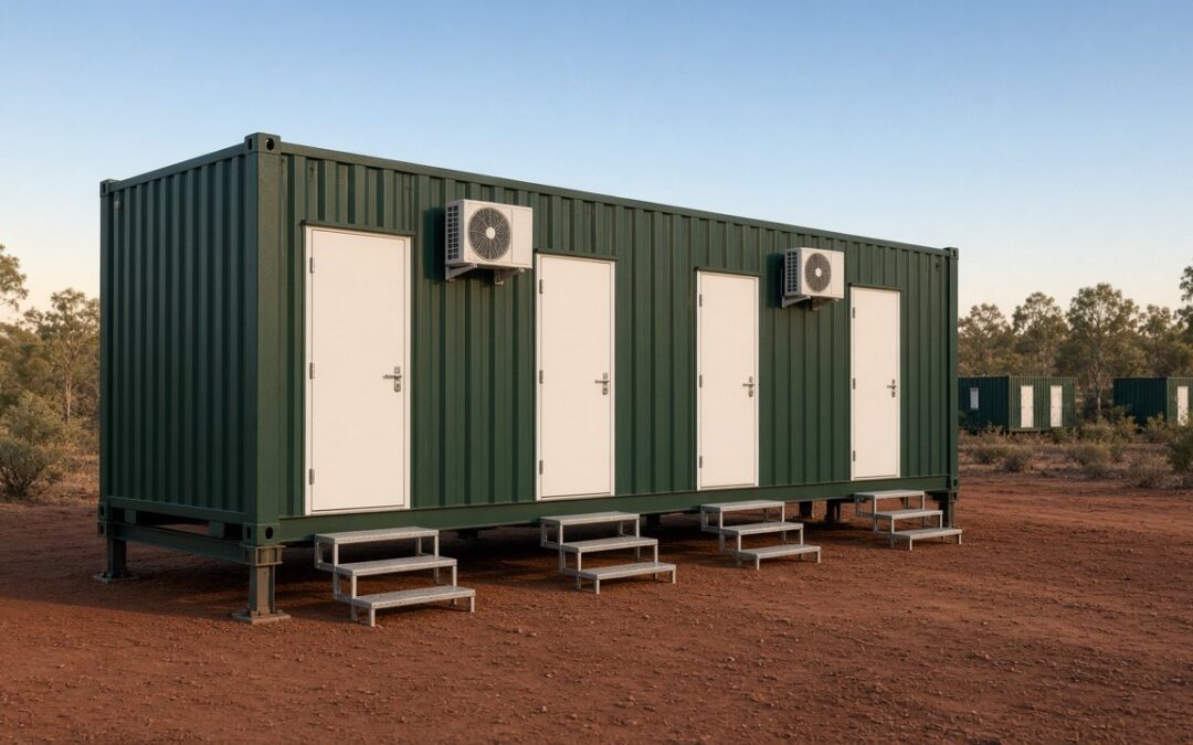 Concept render of a CBG four-bedroom 40ft high cube mining camp module on a red-dirt camp pad