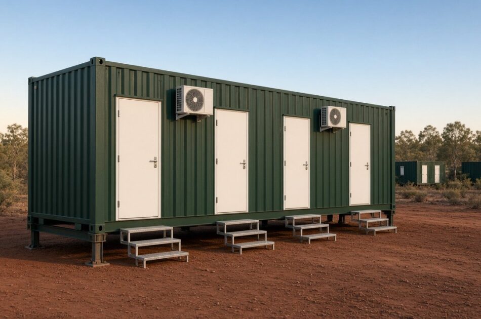 Concept render of a CBG four-bedroom 40ft high cube mining camp module on a red-dirt camp pad