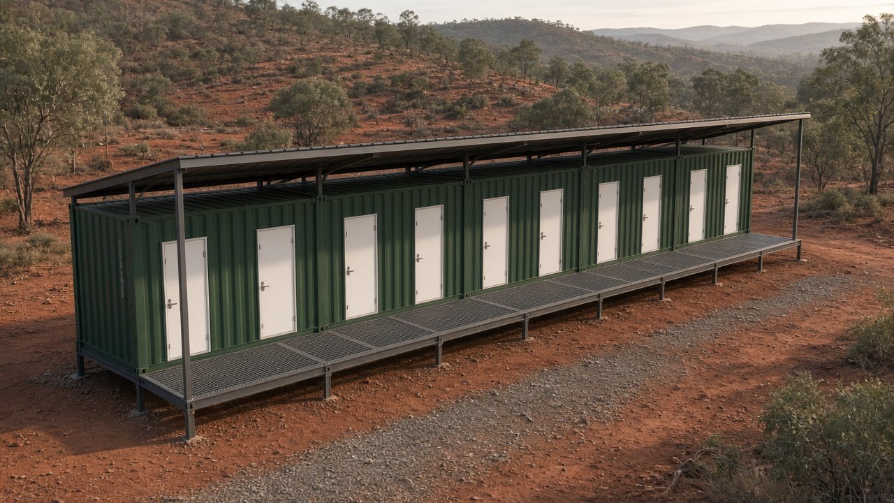 Concept render of a row of four-bedroom shipping container mining camp modules joined by a covered walkway