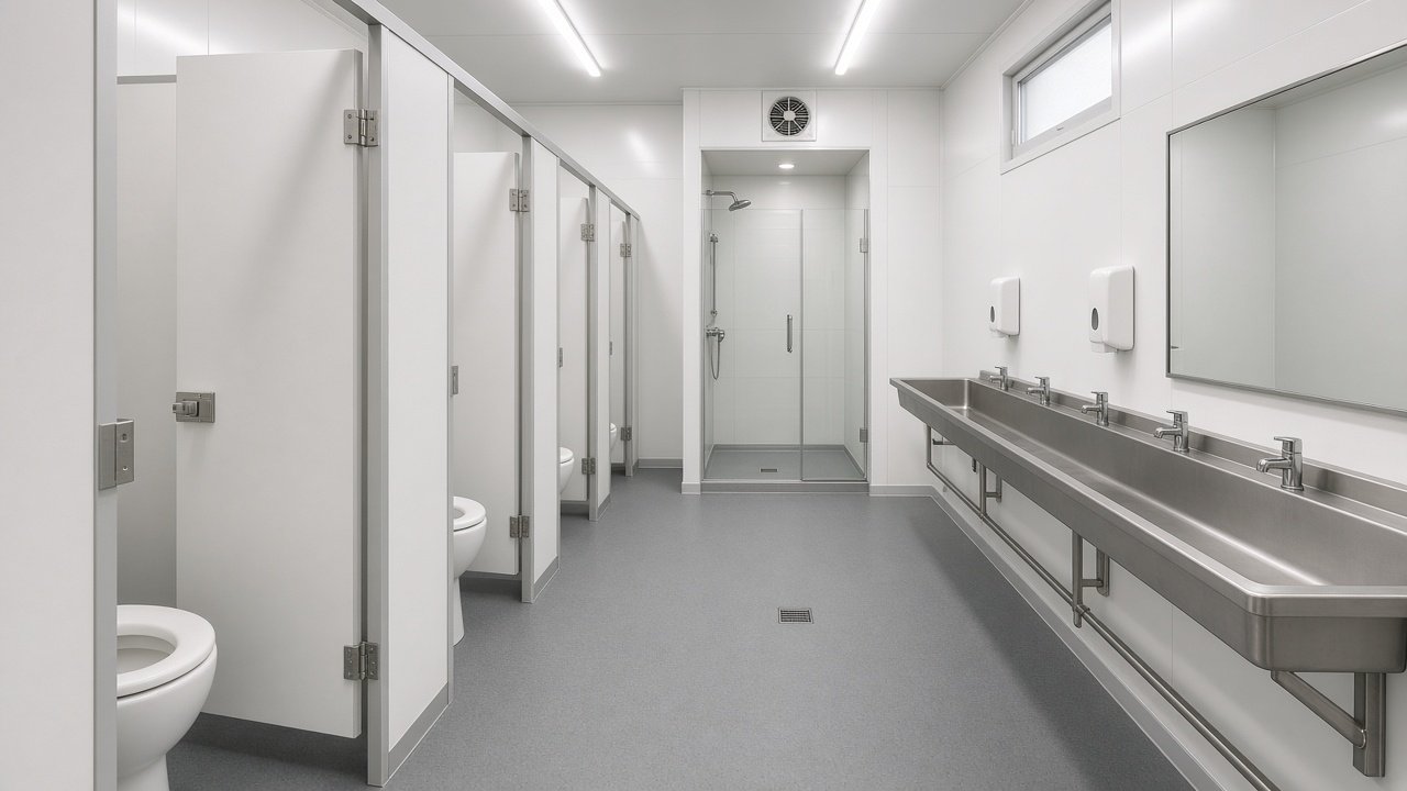 Concept render inside a shipping container ablution block with toilet cubicles, trough basin and shower