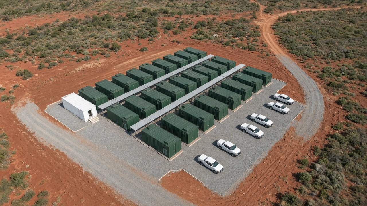 Concept render aerial view of a remote mining camp built from shipping container modules