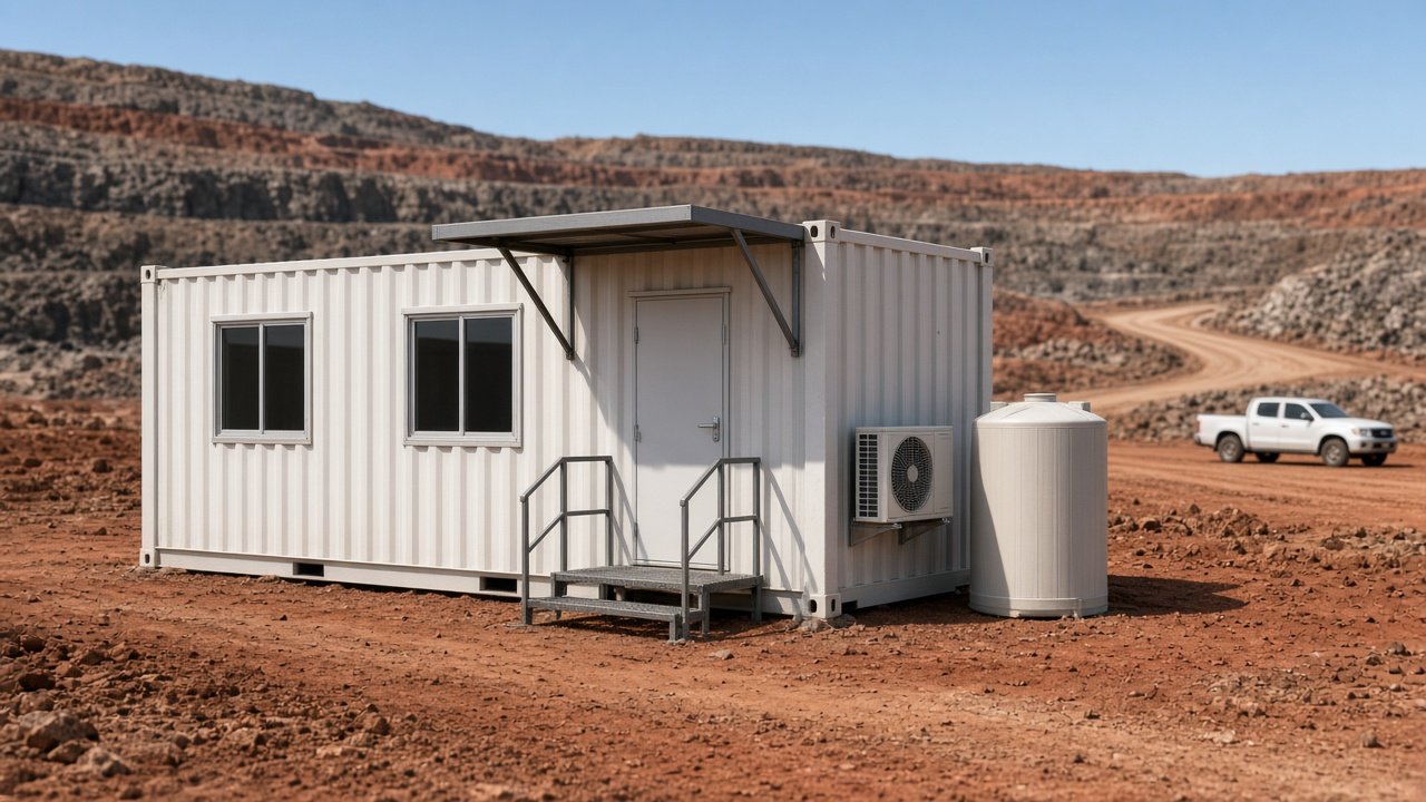 Concept render of a shipping container crib room with shade awning on a mine site