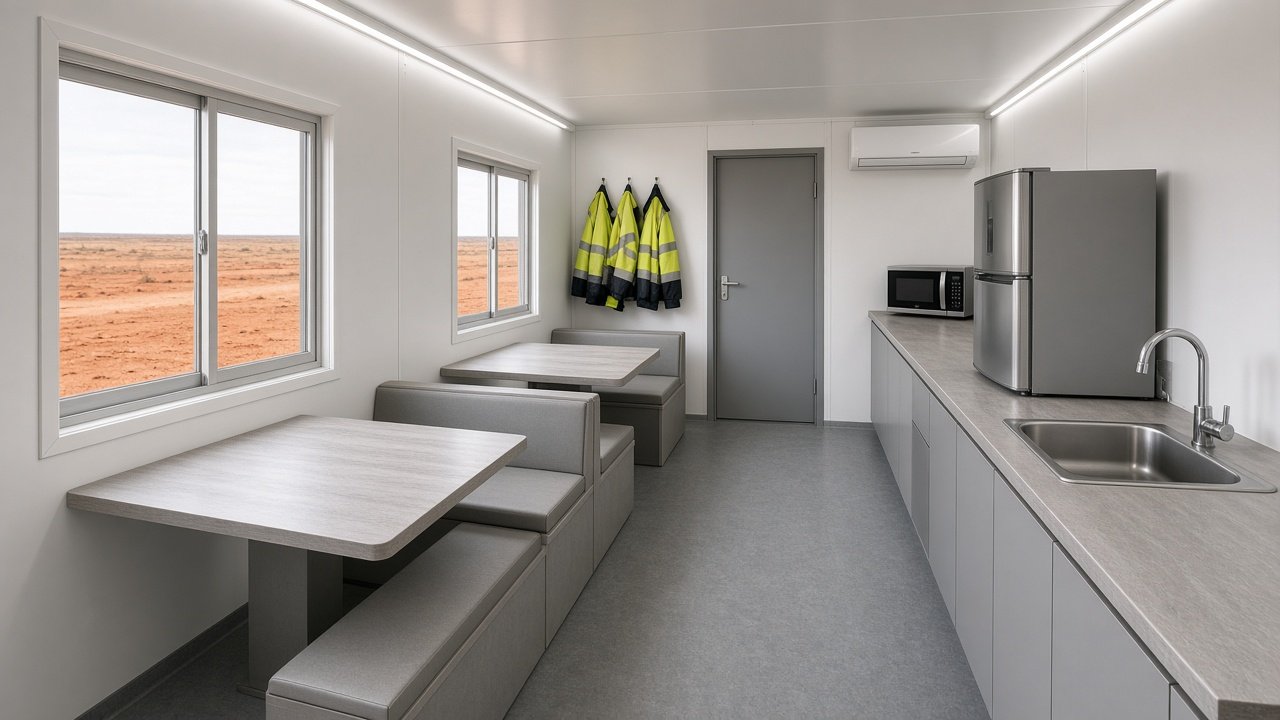 Concept render inside a shipping container crib room with tables, bench seats and kitchenette